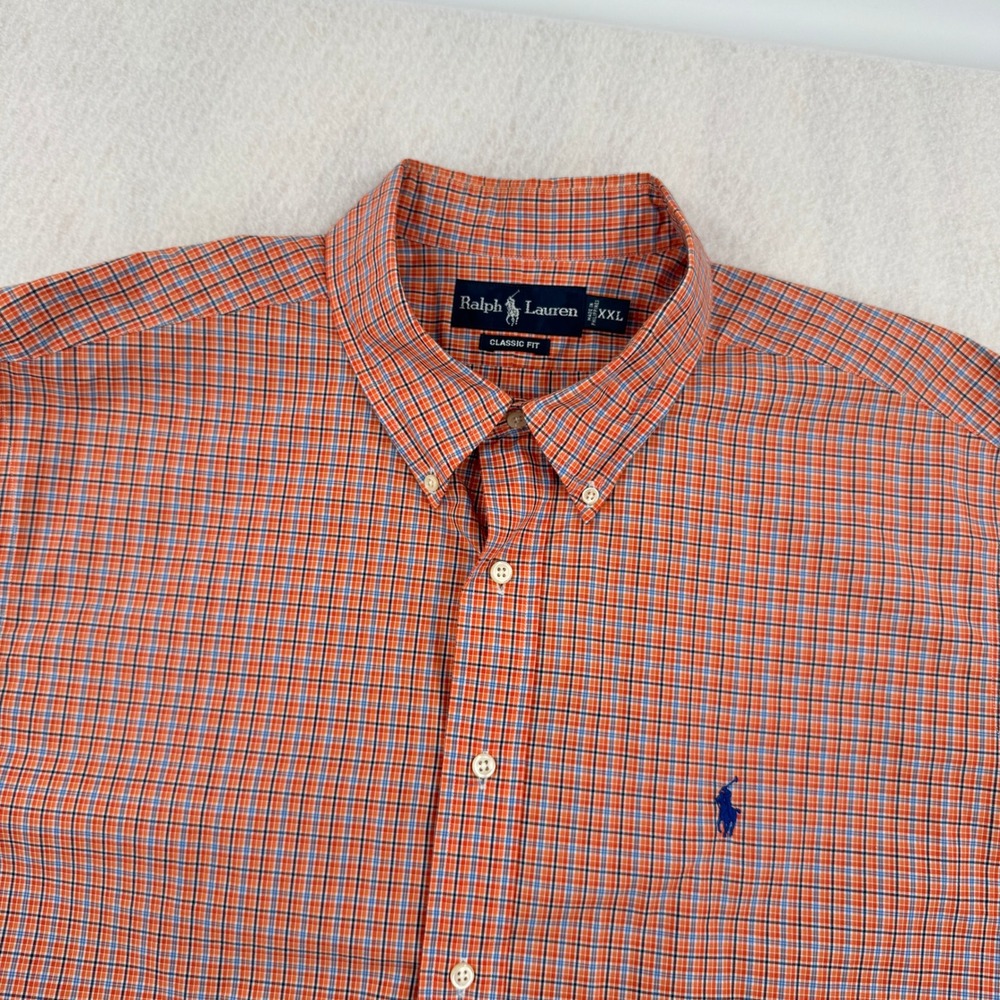 Ralph Lauren Mens XXL Classic Fit Short Sleeve Button Down Orange Plaid Casual